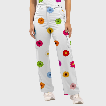 Women's Colorful Daisy Pattern Scrub Set ST6196