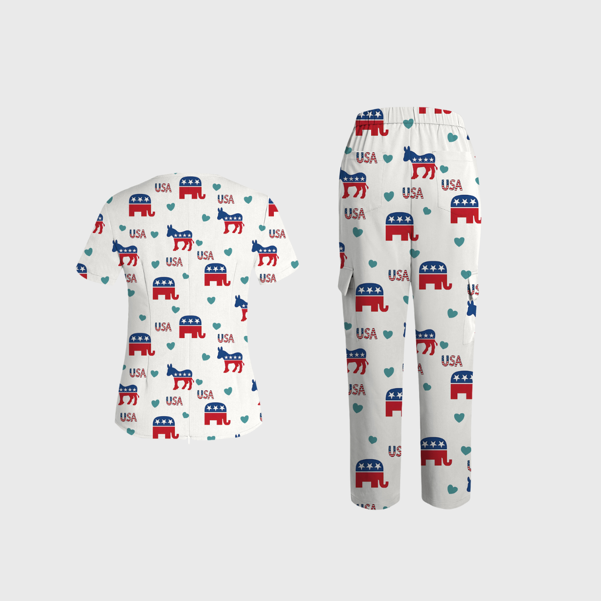 Women's V-neck Independence Day pattern Scrub Set SI01