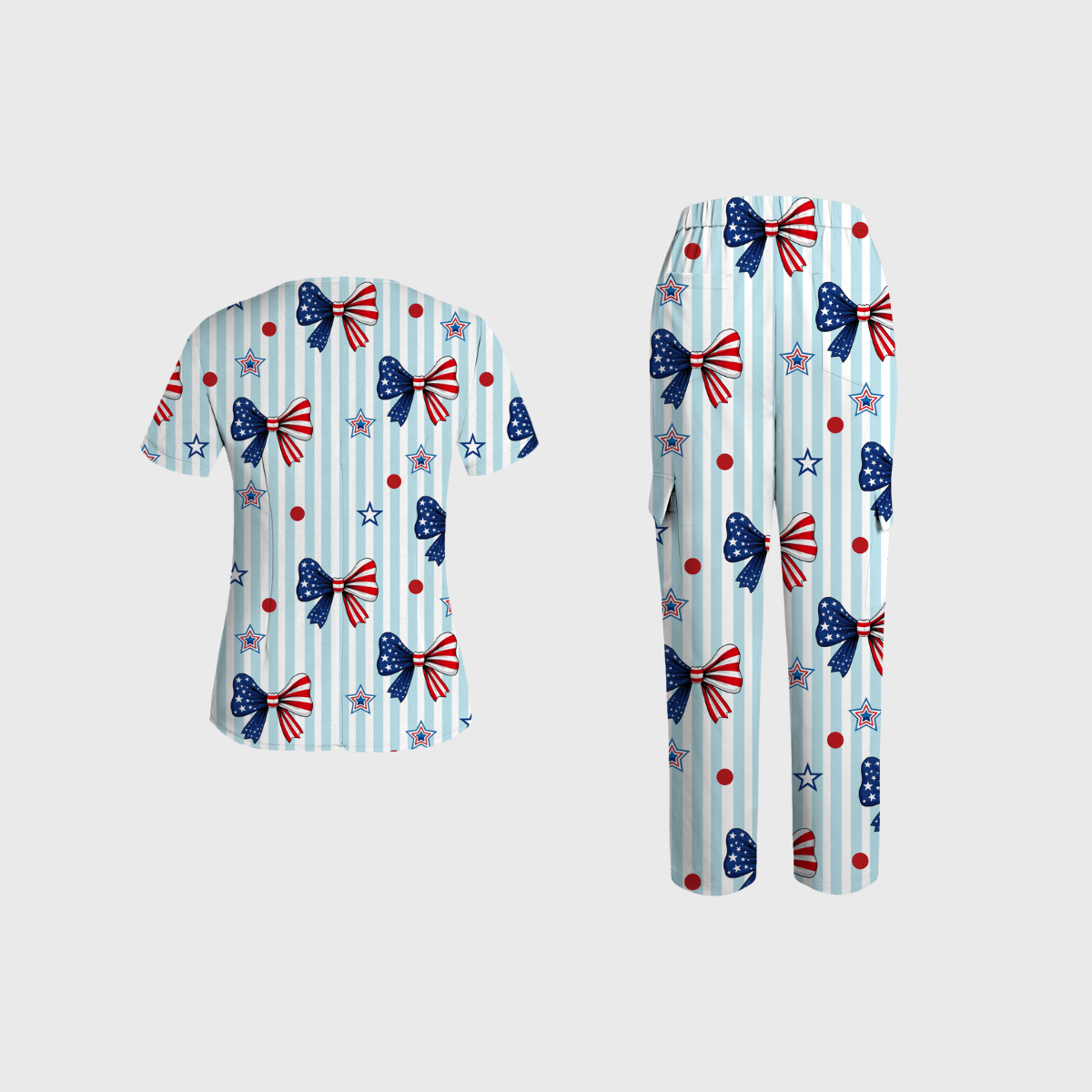 Women's V-neck Independence Day pattern Scrub Set SI02