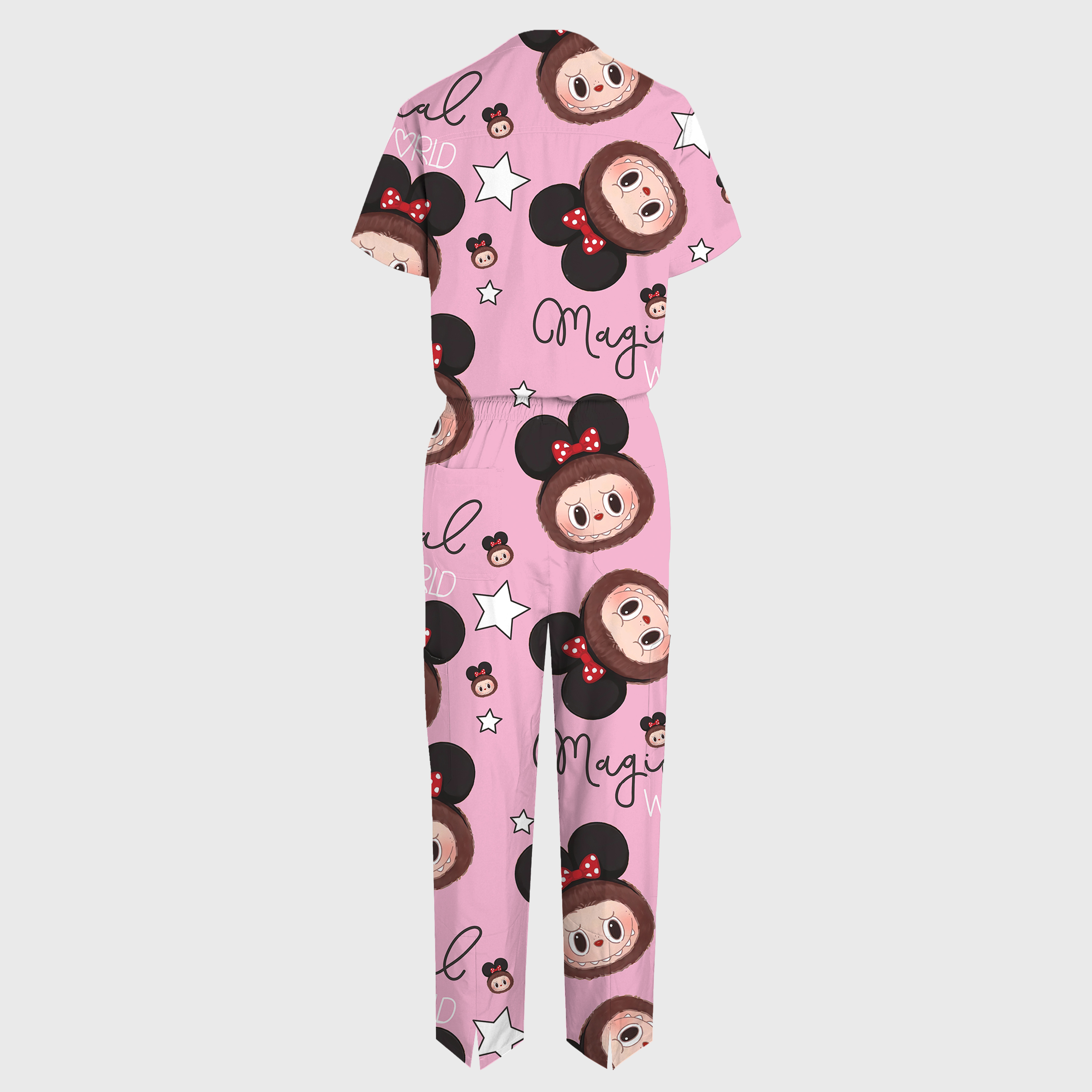 Women's Pink LABUBU V-neck Wide Leg Scrub Jumpsuit