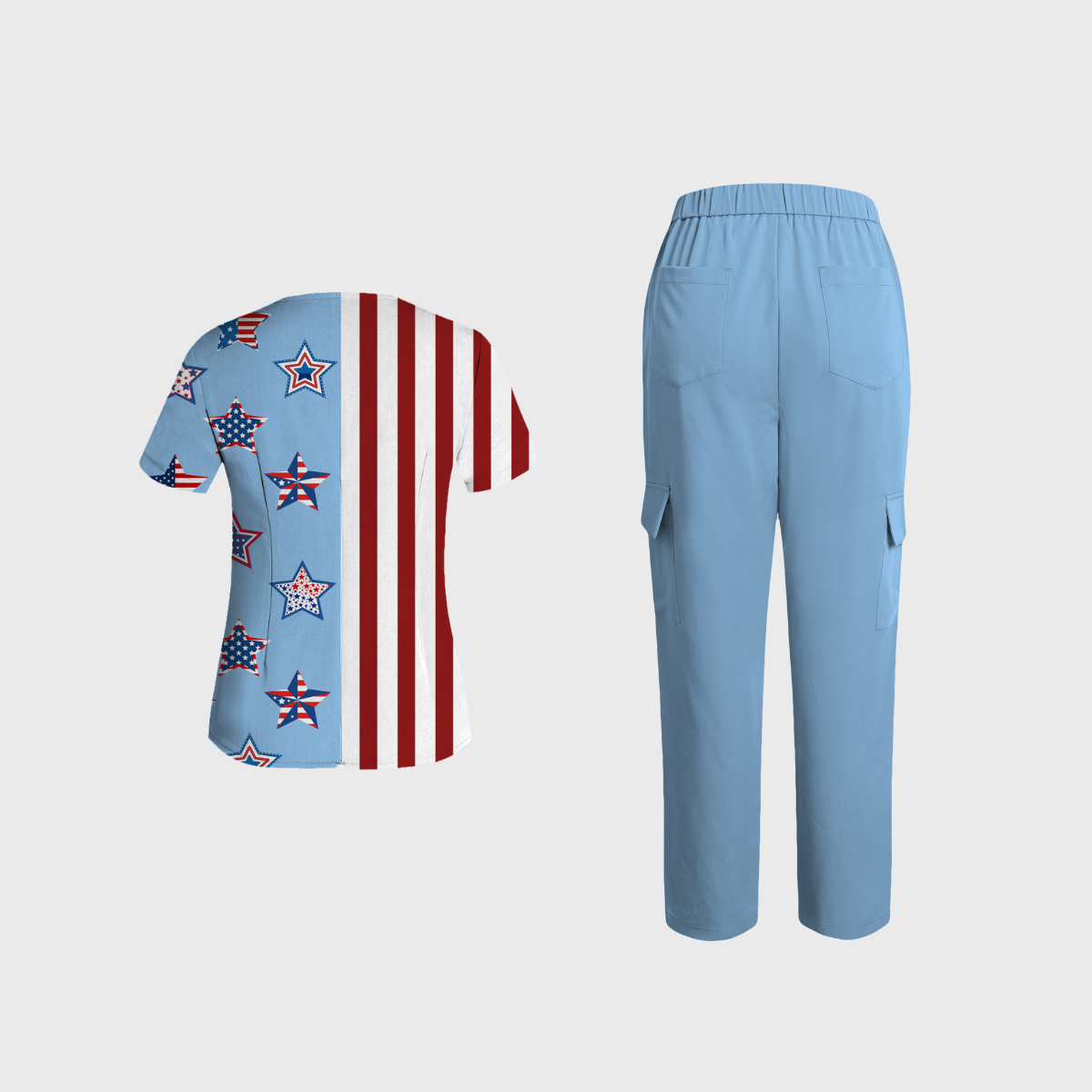 Women's V-neck Independence Day pattern Scrub Set SI06