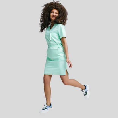 Medical Casual V-Neck Elastic Waist Scrub Dress