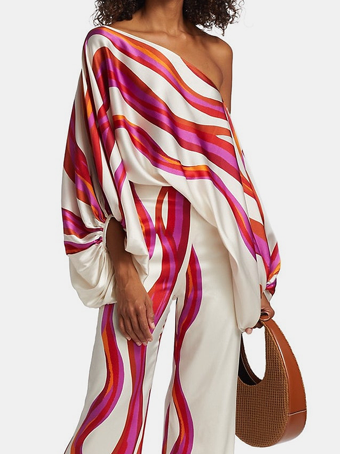 Printed Off-The-Shoulder Blouses &Casual Pants Two Pieces Set