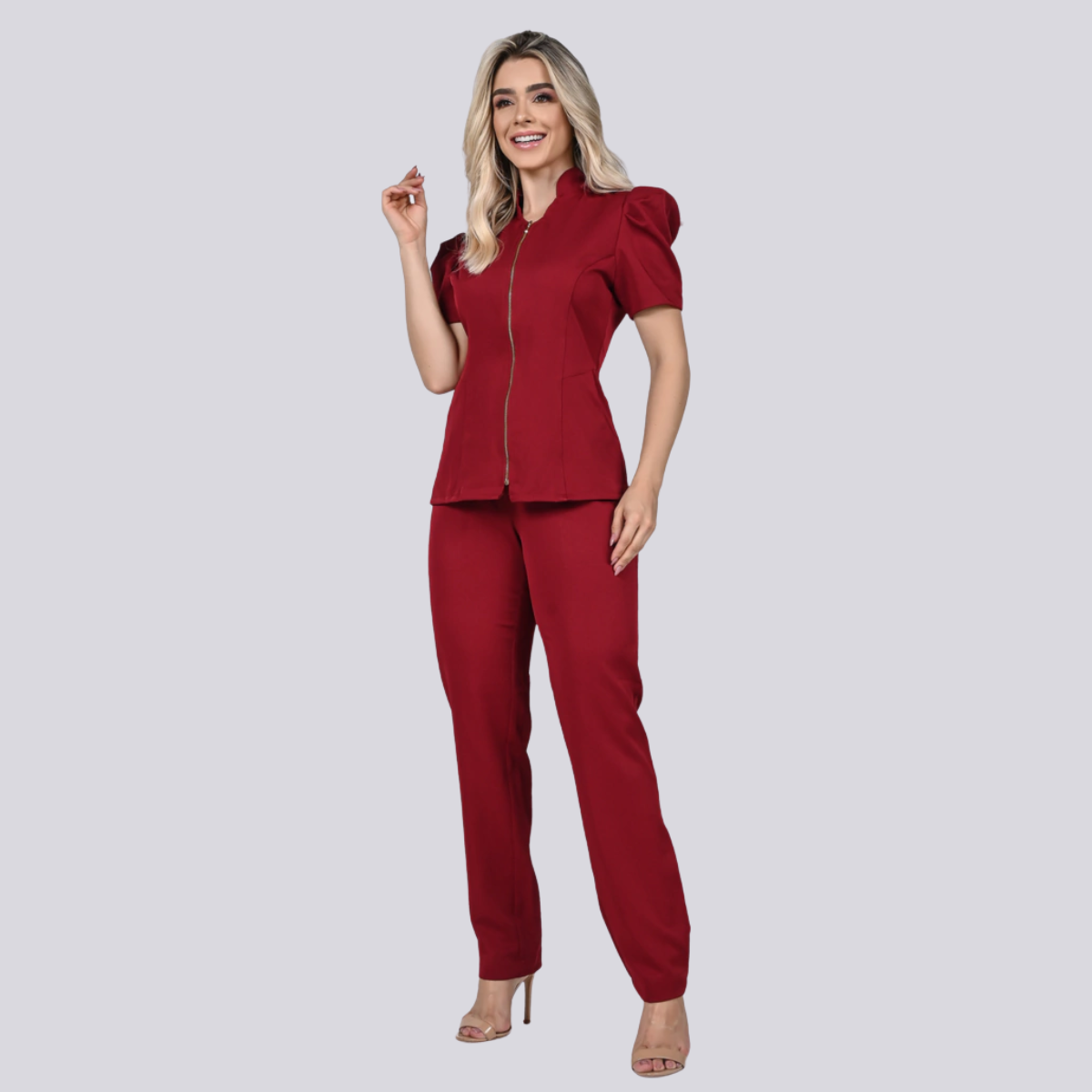 Women's Zippered Puff Sleeve Workwear Scrub Top