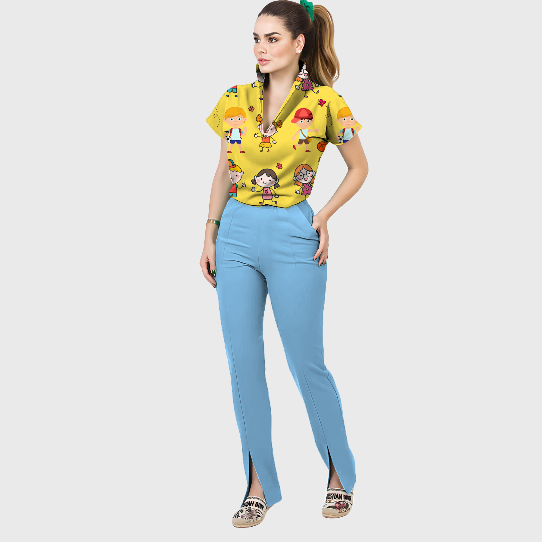 Women's Funny Cartoon Children Printed Scrub Set SP32