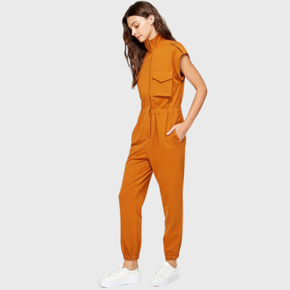 Women's High Neck Folded Sleeves with Epaulettes Jumpsuit