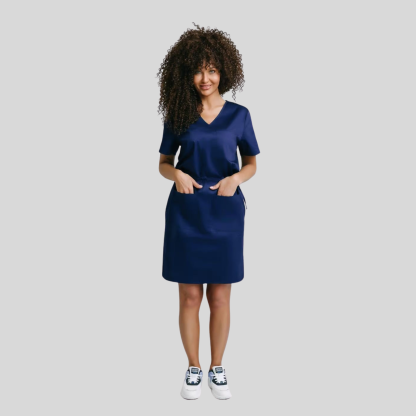Medical Casual V-Neck Elastic Waist Scrub Dress