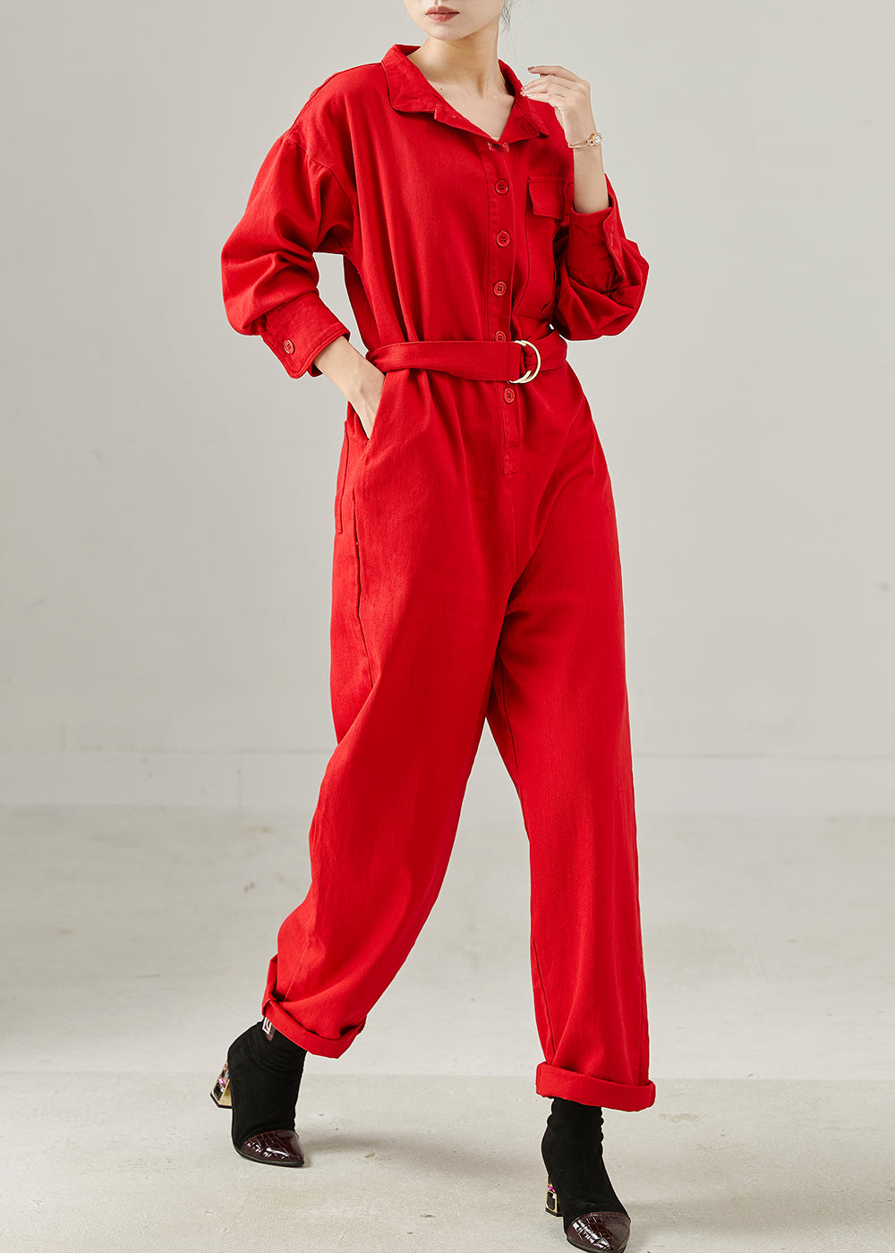 Red Tie Waist Cotton Overalls Jumpsuits