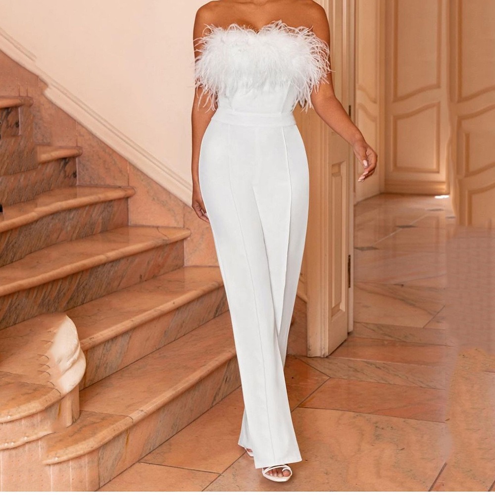 Solid Feathers Strapless Loose Jumpsuits