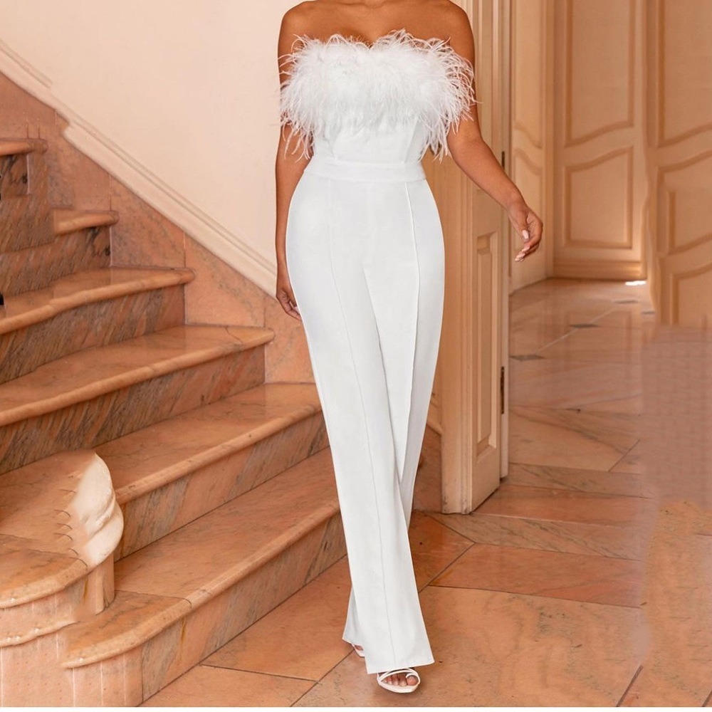 Solid Feathers Strapless Loose Jumpsuits