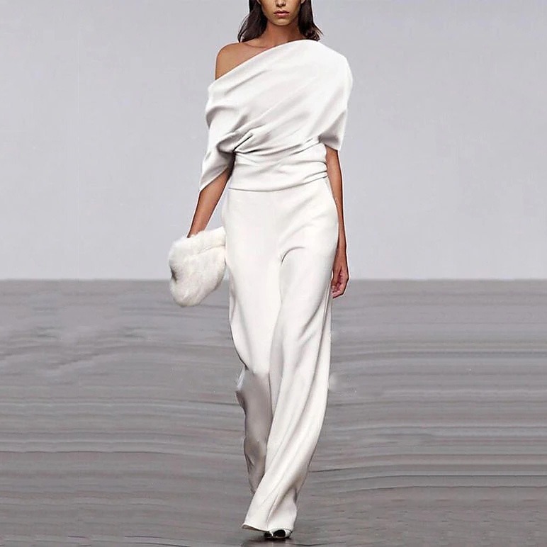 Off Shoulder Solid Long Straight Pants Jumpsuit