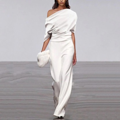Off Shoulder Solid Long Straight Pants Jumpsuit