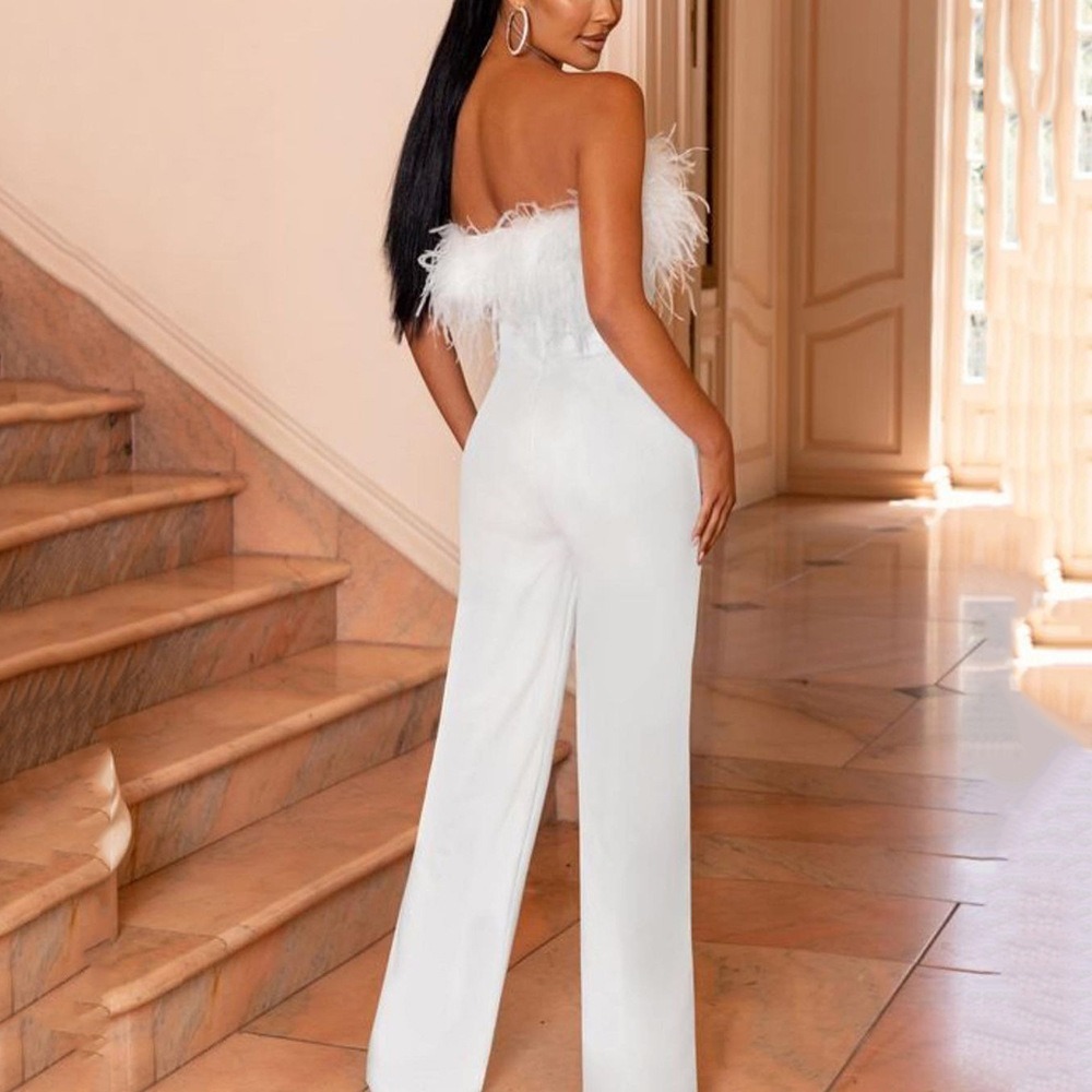 Solid Feathers Strapless Loose Jumpsuits