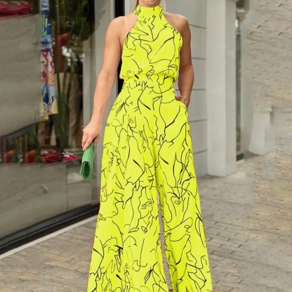 Graffiti Halterneck Sleeveless Wide Leg Jumpsuit