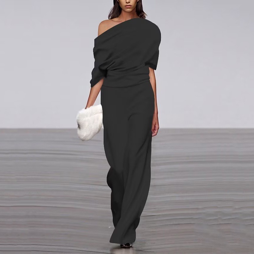 Off Shoulder Solid Long Straight Pants Jumpsuit
