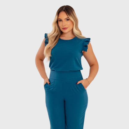 Women's Round Neck Ruffle Sleeve Tuckable Scrub Top