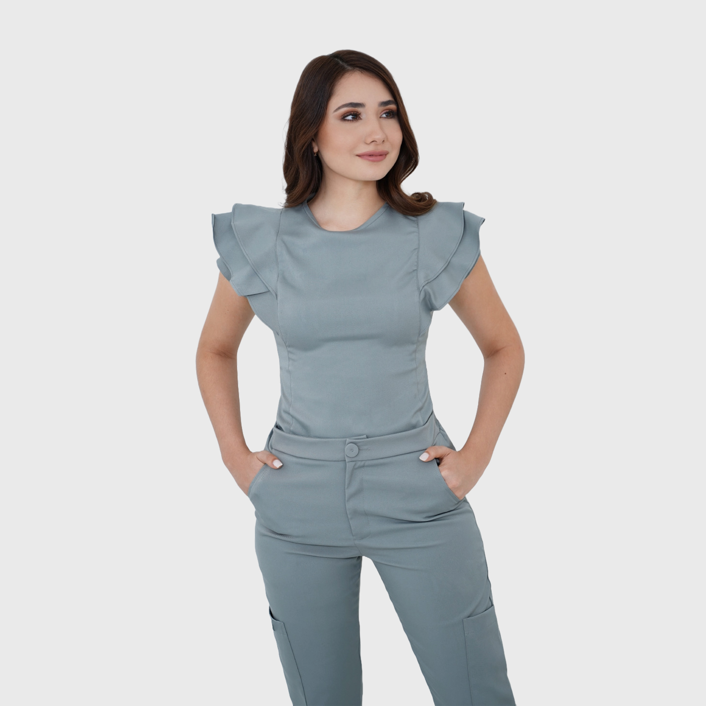 Clara Women's Crew Neck Scrub Top with Ruffle Sleeve