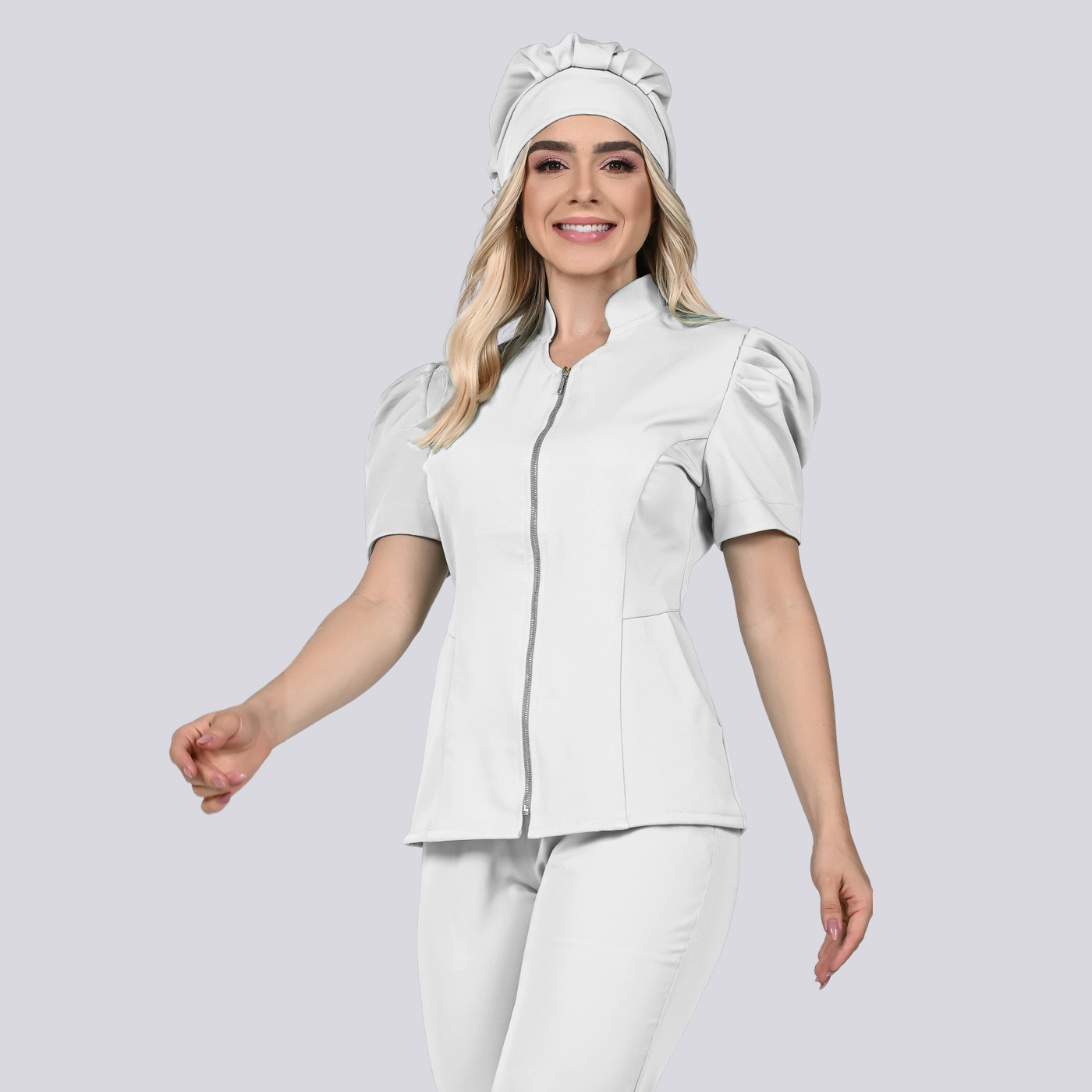 Women's Zippered Puff Sleeve Workwear Scrub Top