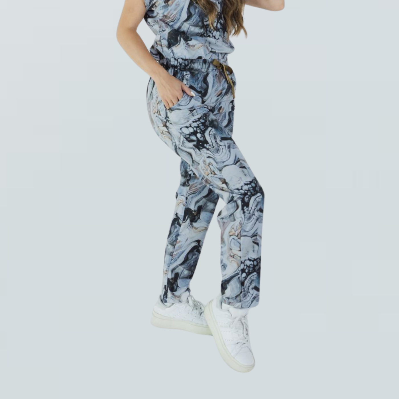 Women's Grey Marble Print Jogger Scrub Pants
