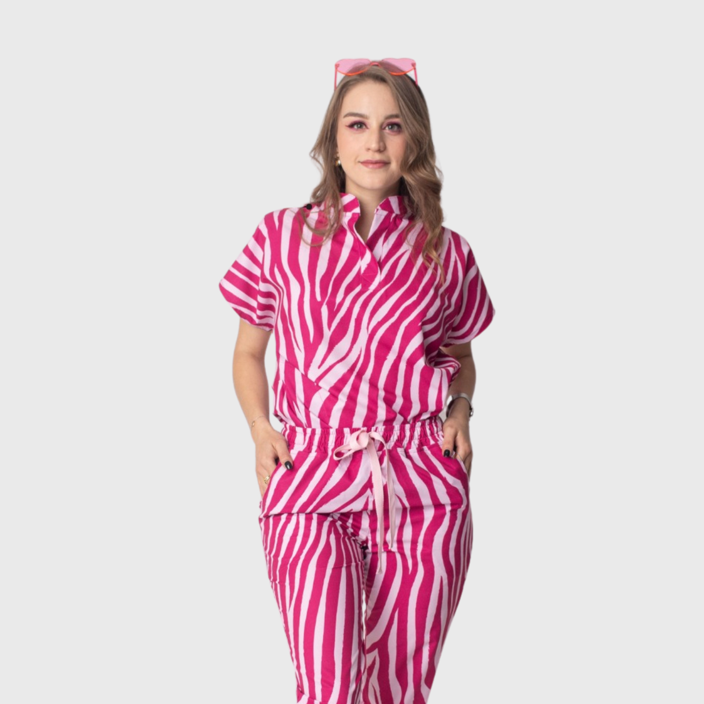 Women's Pink Stripes Mandarin Collar Scrub Top