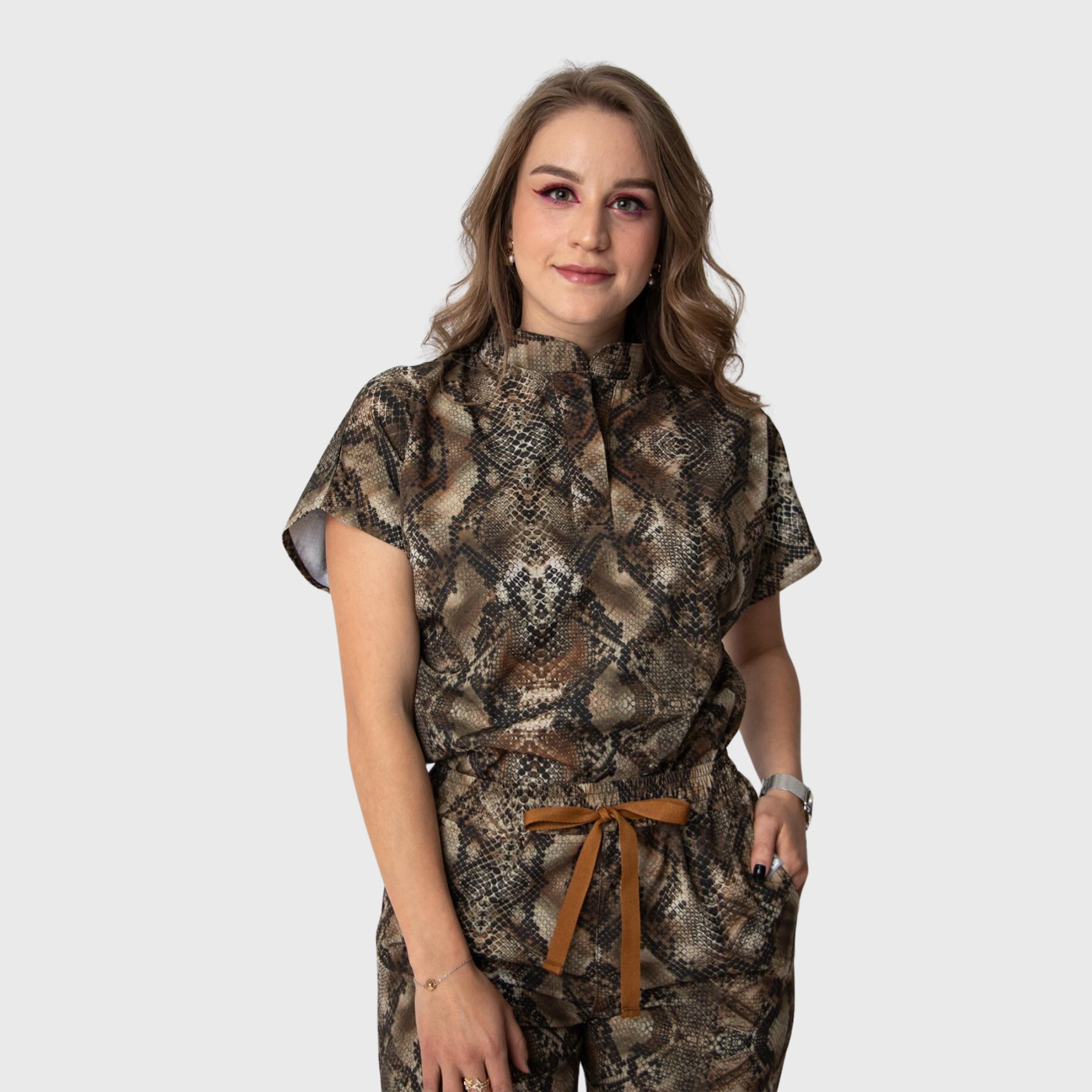 Women's Snake Print Mandarin Collar Scrub Top
