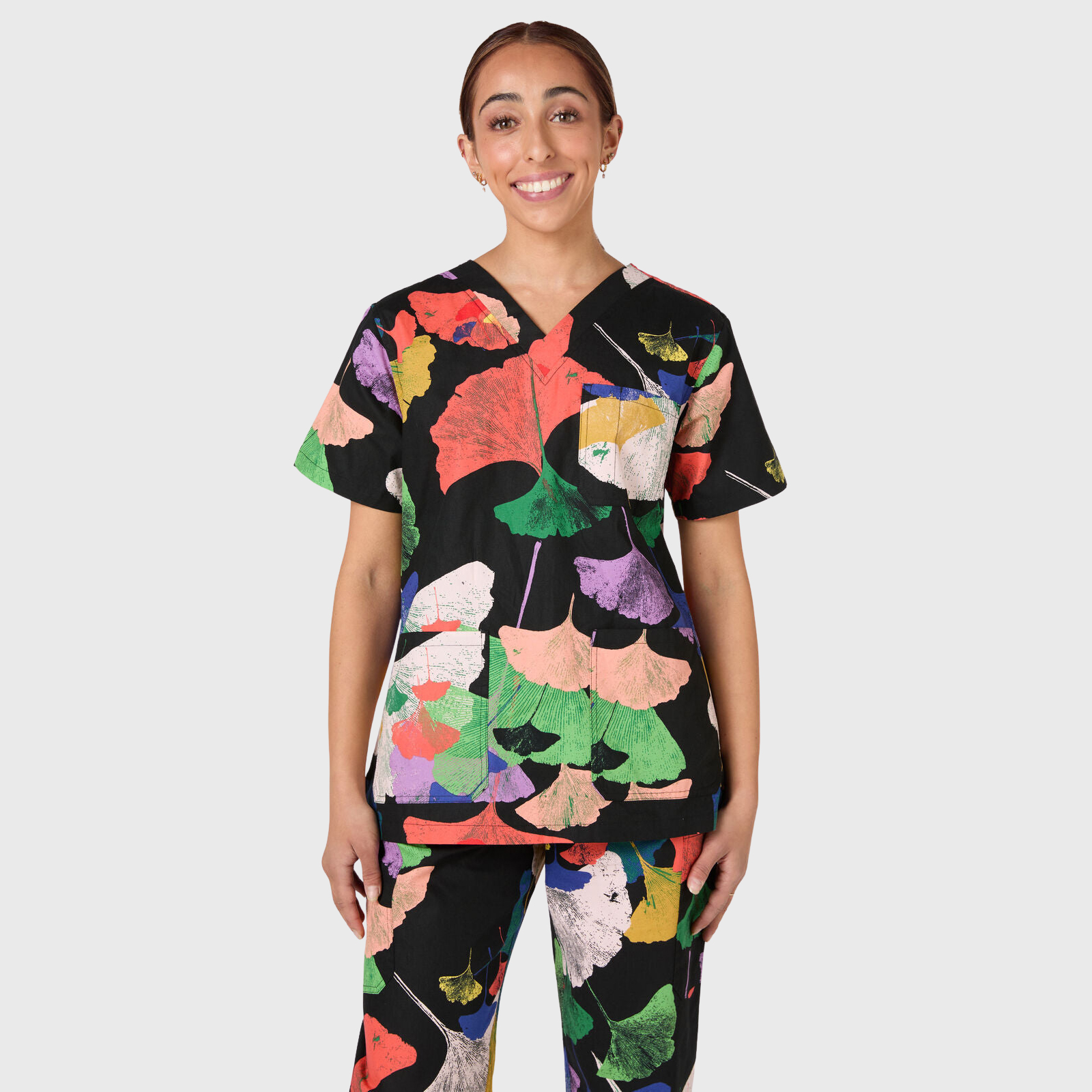 Women's Colorful Ginkgo Leaves Printed Scrub Set NSP12