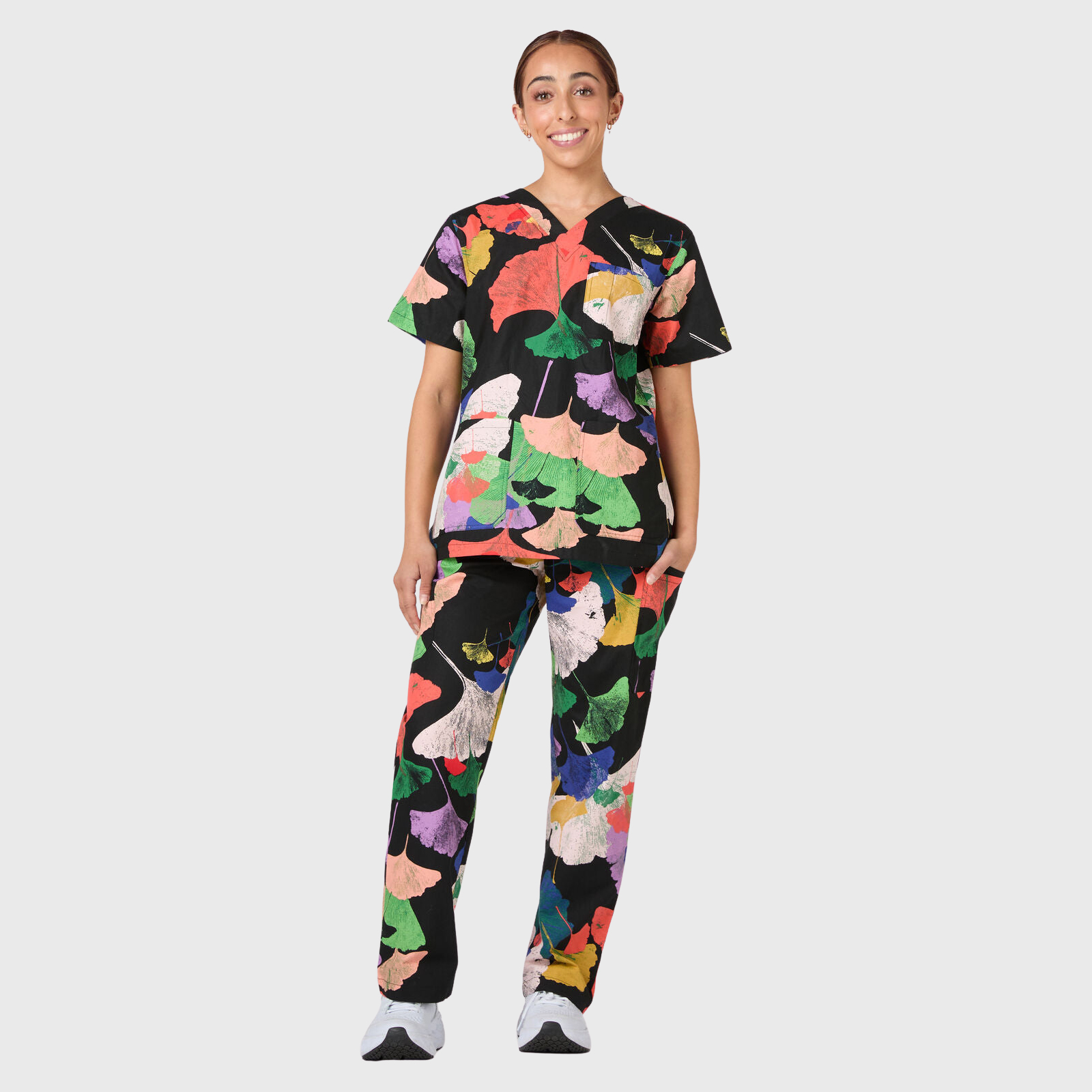 Women's Colorful Ginkgo Leaves Printed Scrub Set NSP12