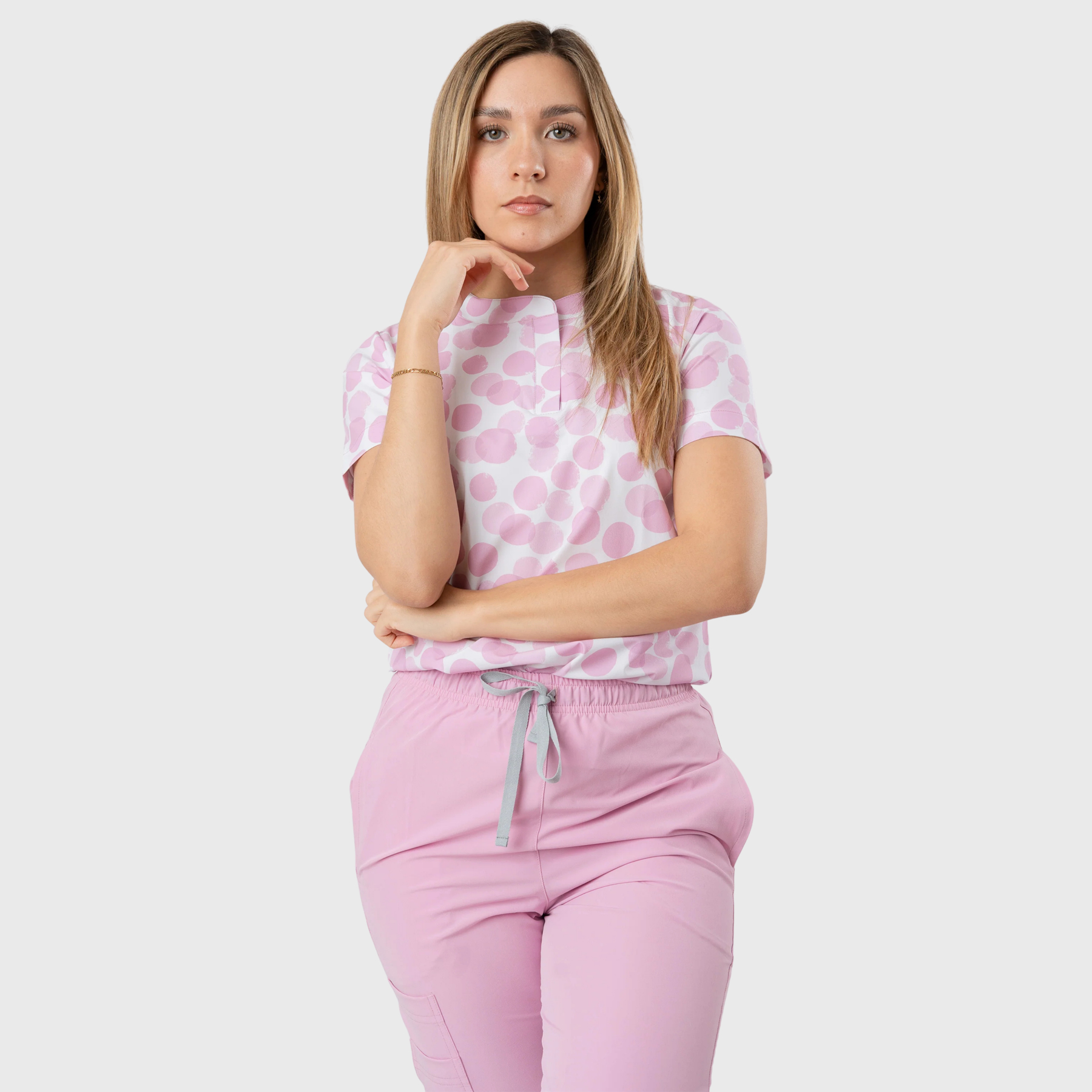 Women's Pink Polka Dots Printed Scrub Set NST5