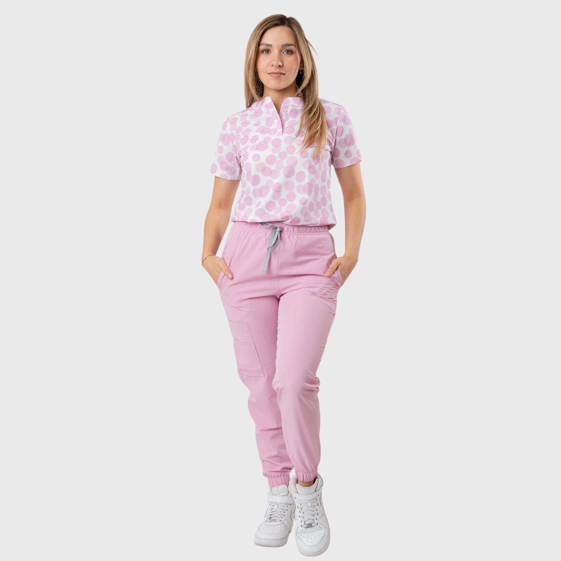 Women's Pink Polka Dots Printed Scrub Set NST5