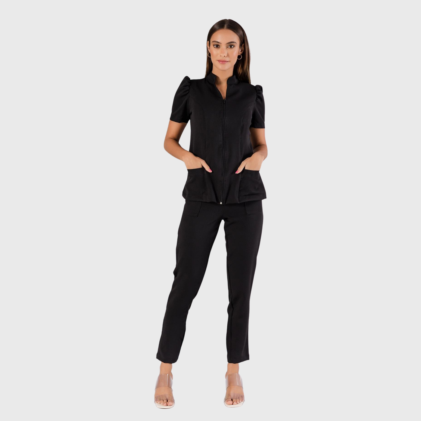 Women's Mandarin Collar Front Zip Scrub Top with Puff Sleeve