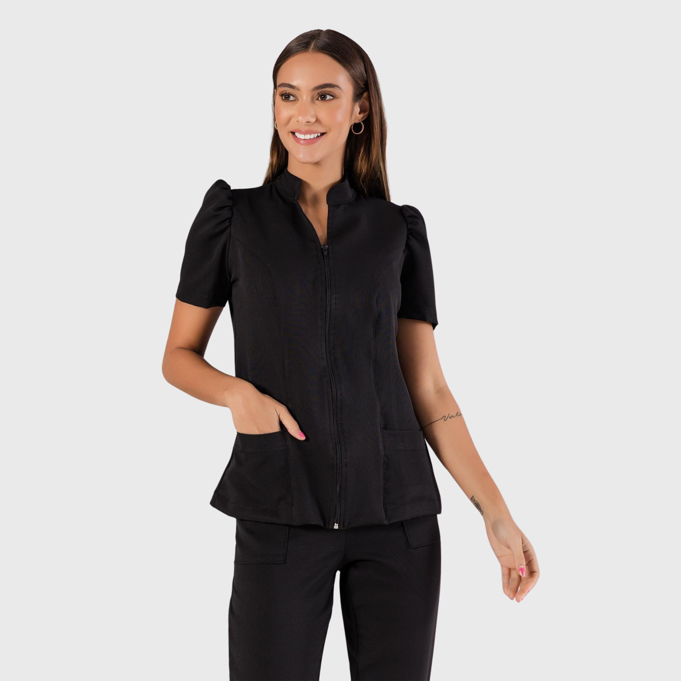 Women's Mandarin Collar Front Zip Scrub Top with Puff Sleeve