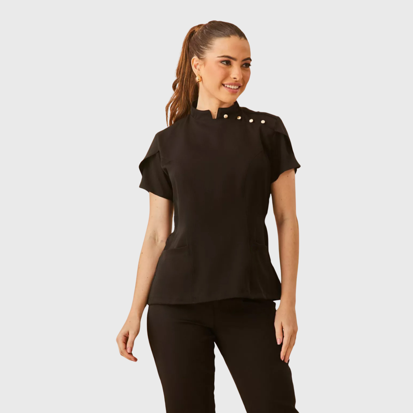 Women's Priest Collar Tulip Sleeve Scrub Top