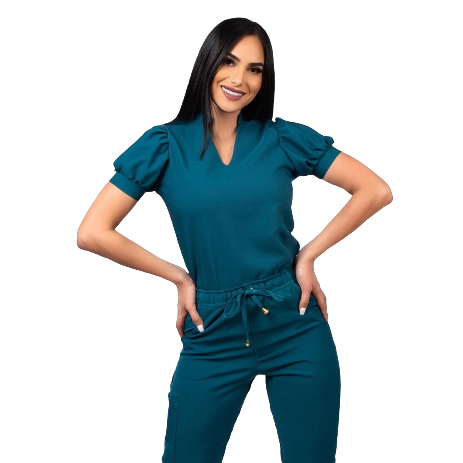 Clara Women's Mandarin V-neck Puff Sleeve Scrub Top