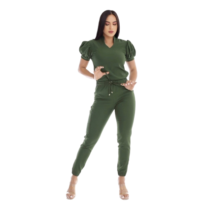Women's Mandarin V-neck Puff Sleeve Scrub Top