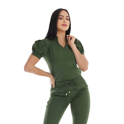 Women's Mandarin V-neck Puff Sleeve Scrub Top