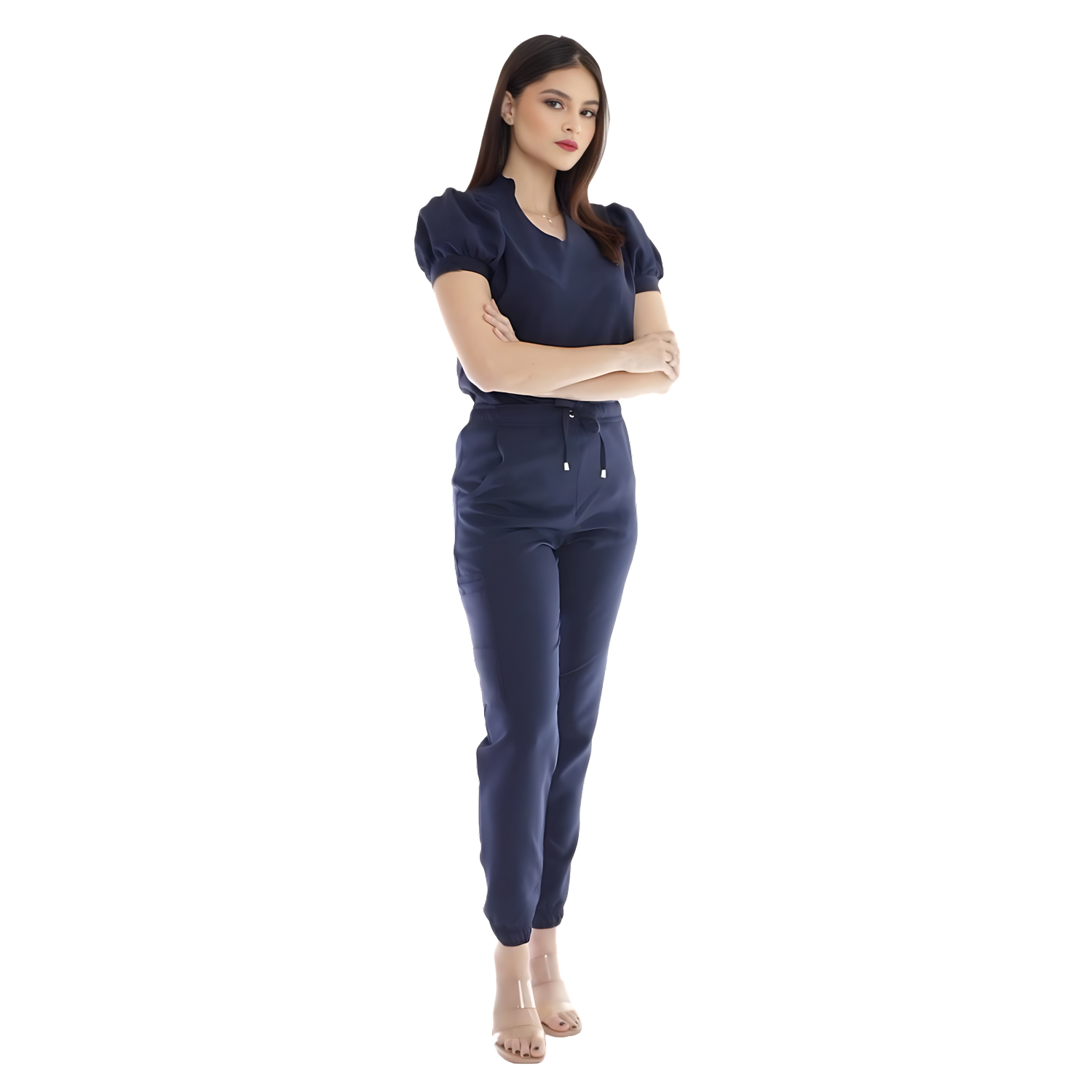 Women's Mandarin V-neck Puff Sleeve Scrub Top