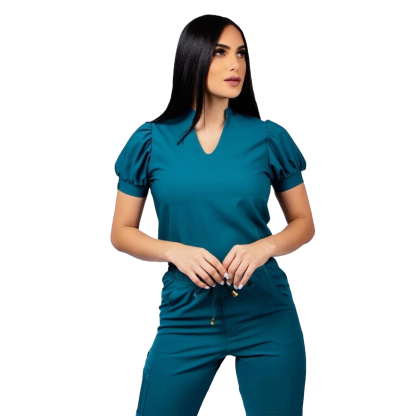 Women's Mandarin V-neck Puff Sleeve Scrub Top