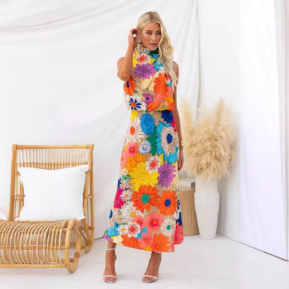 Fashion Printed Sleeveless Halter Neck Maxi Dress