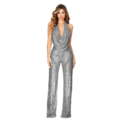 Silver Party Solid Sequins Halter Boot Cut Jumpsuits(5 Colors)