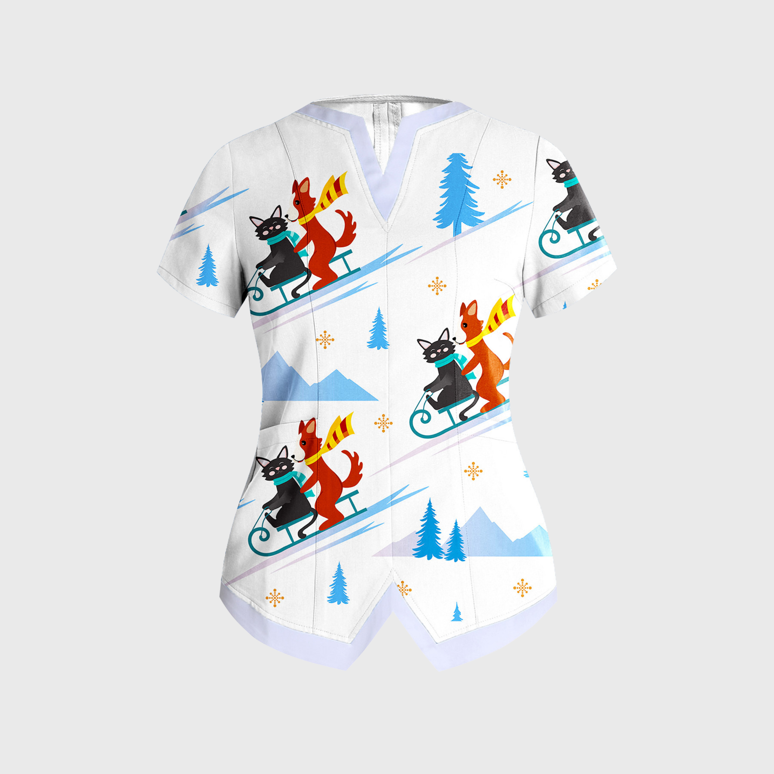 Women's Split Neck Cartoon Animals Printed Scrub Top