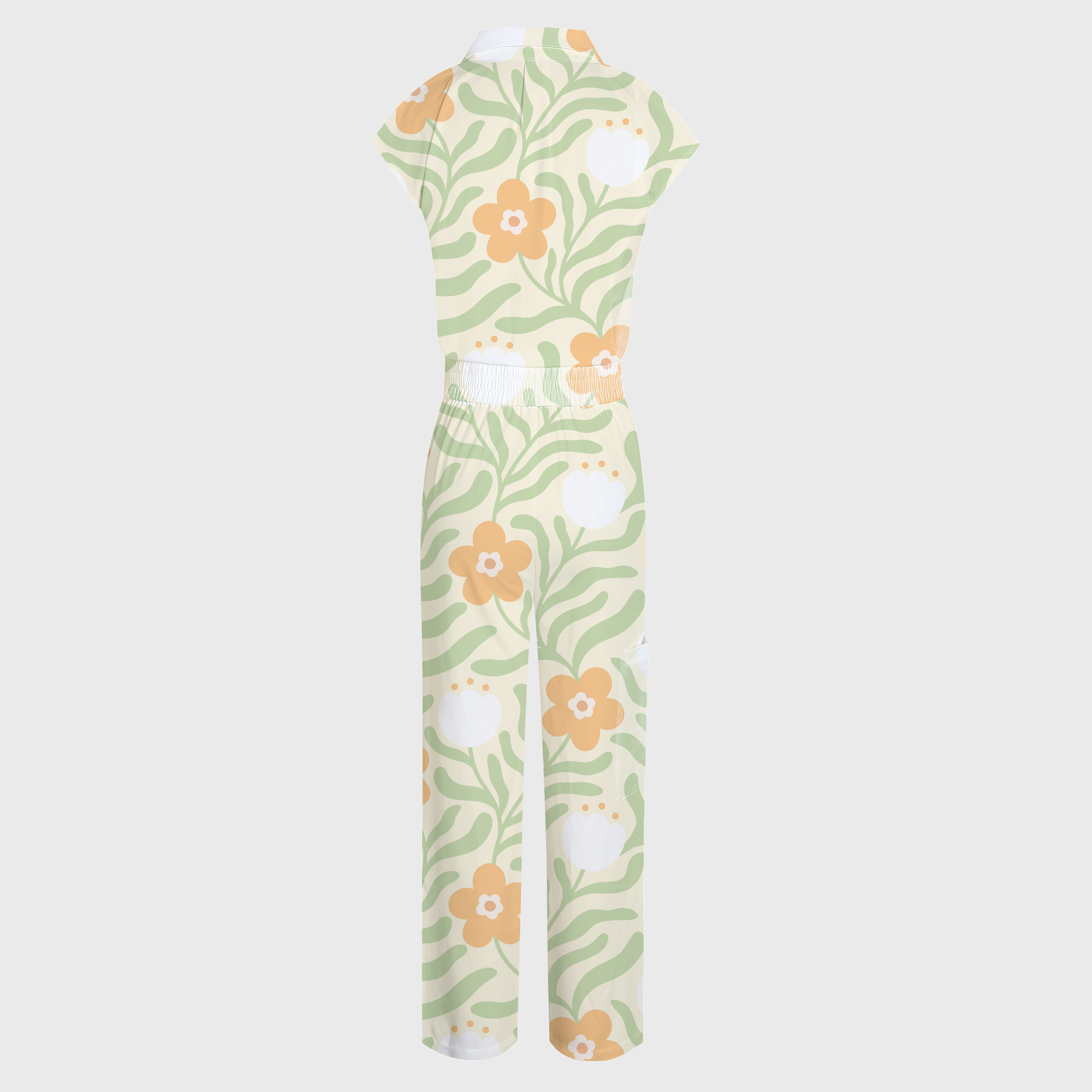 Women's Lapel Wide Leg Summer Blooms Print Scrub Jumpsuit