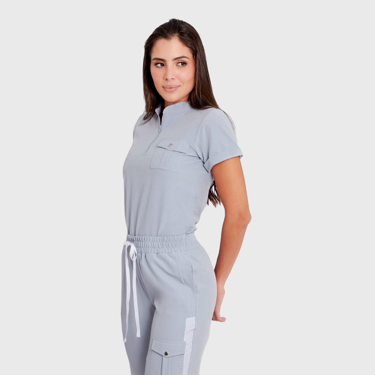 Clara Women's Front Zip Mandarin Collar Scrub Top with 1 Pocket