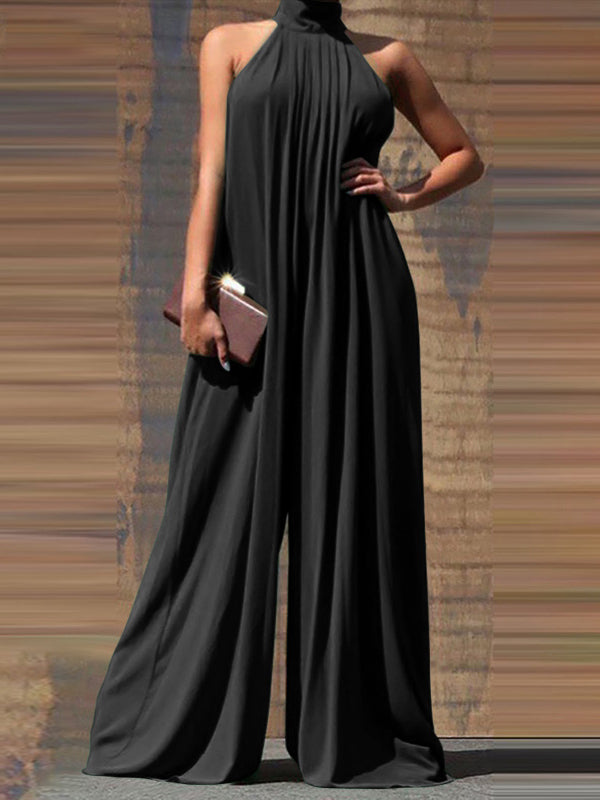 Loose Back Hollow Solid Color Wide Leg Jumpsuits