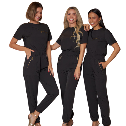 Women's Zipper Decorative Pocket Elastic Waist Scrub Pants