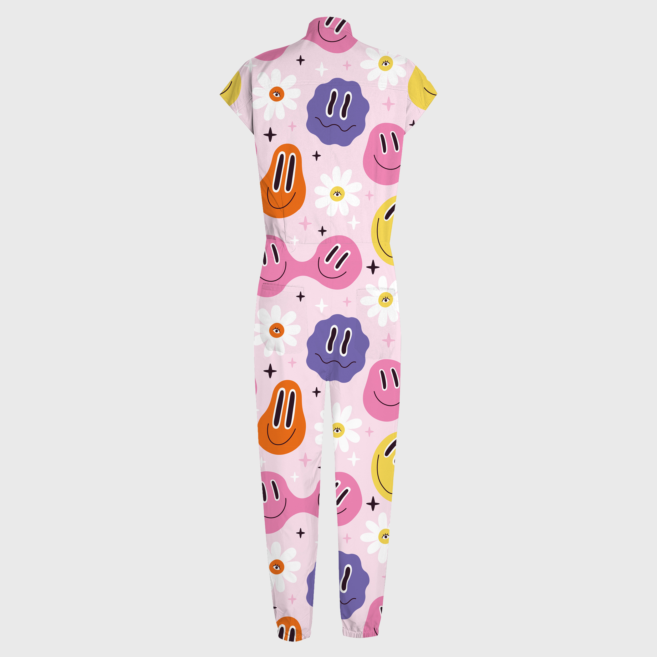 Women's Smiley Face Printed 12-Pocket Jogger Scrub Jumpsuit