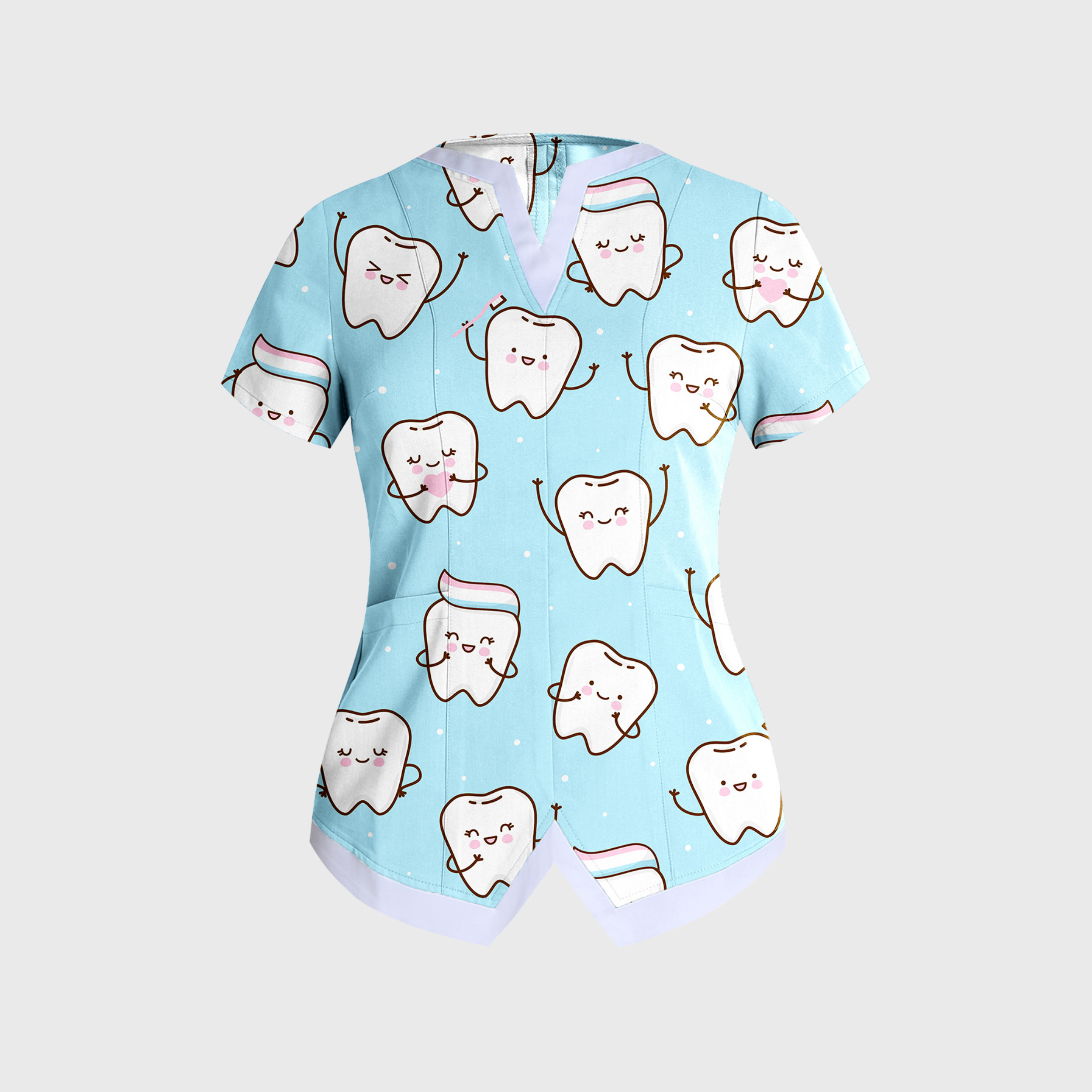 Women's Cute Teeth Collection Printed W-neck Scrub Top