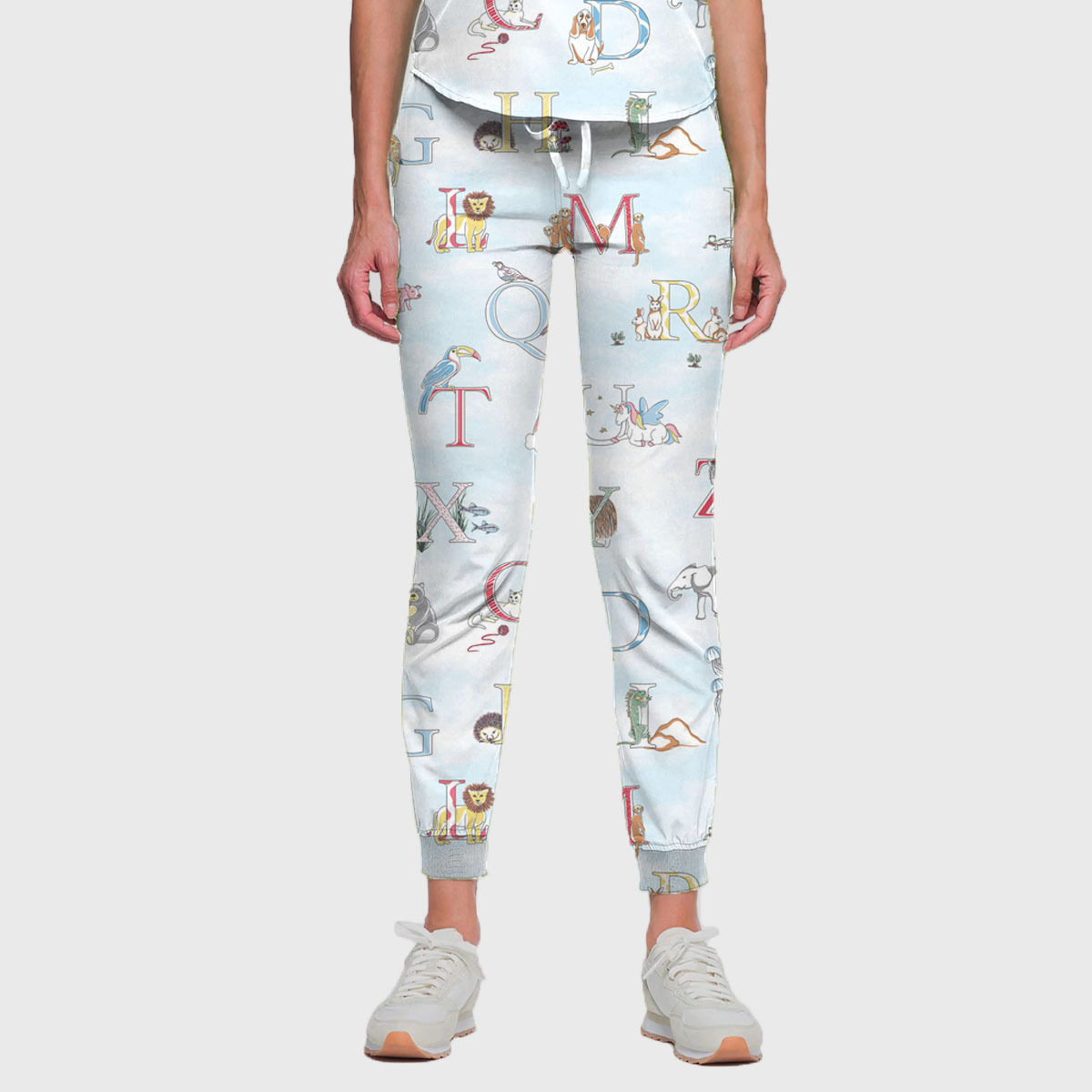 Women's Cap Sleeve Letter Animals Printed Scrub Set