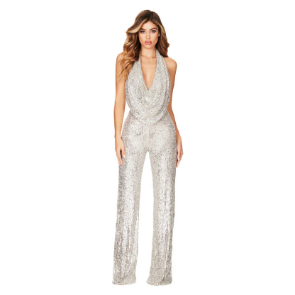 Silver Party Solid Sequins Halter Boot Cut Jumpsuits(5 Colors)