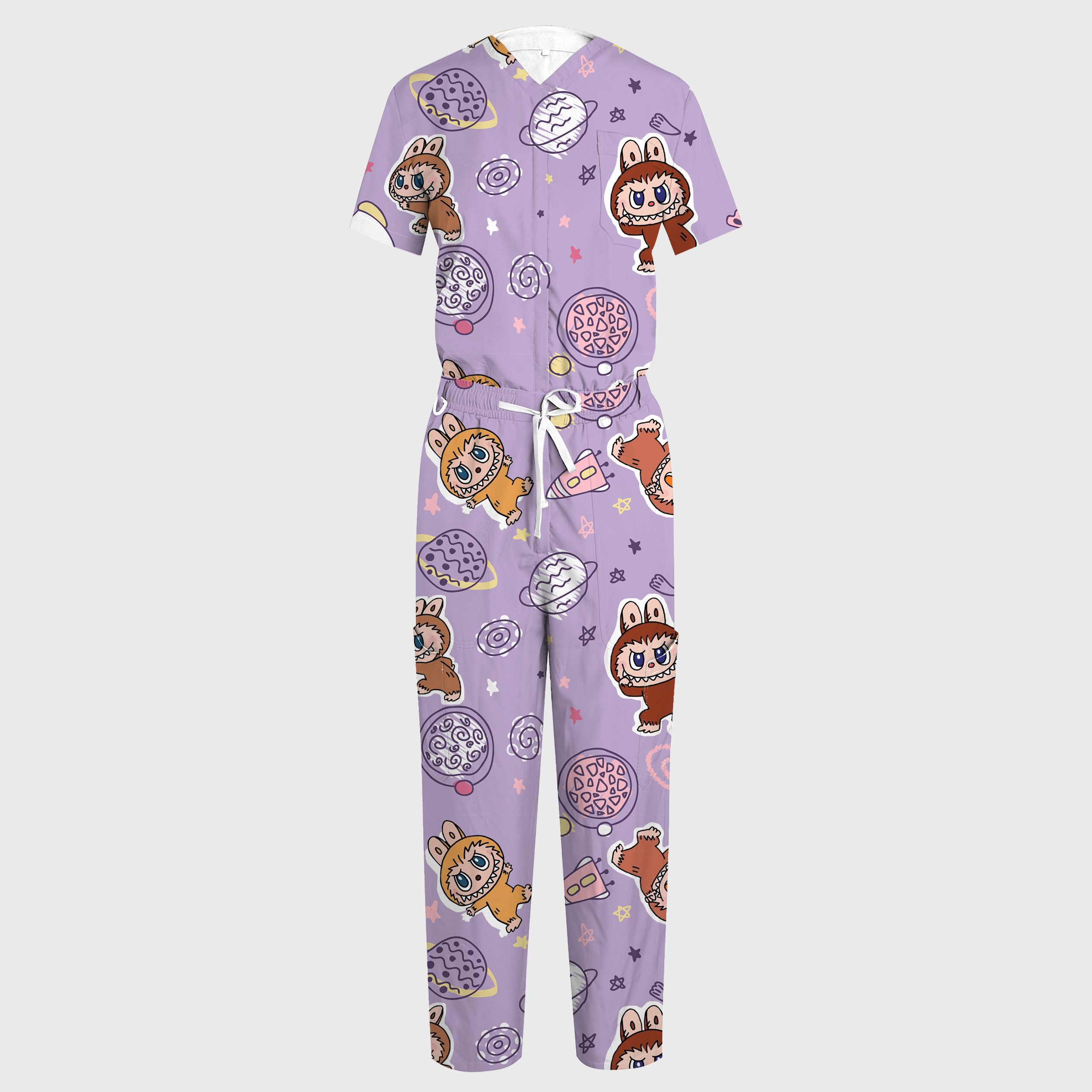 Women's V-Neck Wide Leg LABUBU Print Scrub Jumpsuit