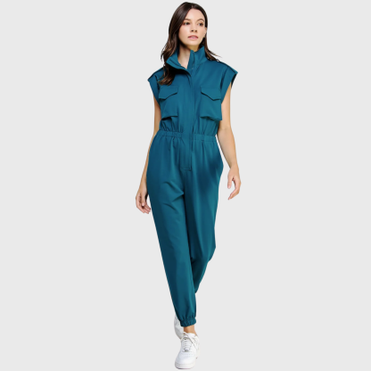 Women's High Neck Folded Sleeves with Epaulettes Jumpsuit